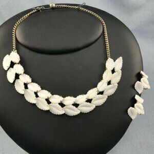 Vintage White Plastic Feather Necklace  Matching Clip-On Earrings 1960s Collar